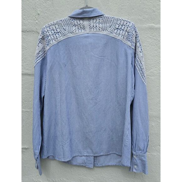 Calligraphie Anthropologie Top Large Blue White Striped Button Up Ivory Crochet - Picture 8 of 13